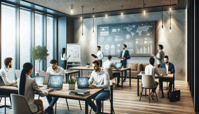 Sala moderna de coworking con emprendedores colaborando en portátiles y pizarras digitales en segundo plano.