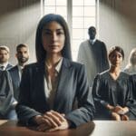 Sala de tribunal moderna con personas y abogados en primer plano, ambiente serio y luz natural.