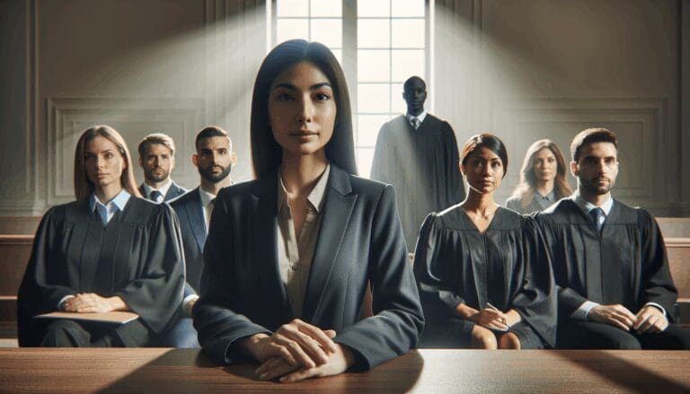 Sala de tribunal moderna con personas y abogados en primer plano, ambiente serio y luz natural.