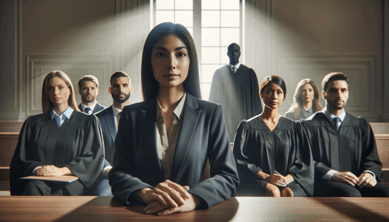 Sala de tribunal moderna con personas y abogados en primer plano, ambiente serio y luz natural.