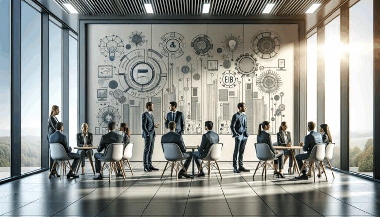 Asistentes conversando en un moderno centro de innovación con murales tecnológicos y luz natural.