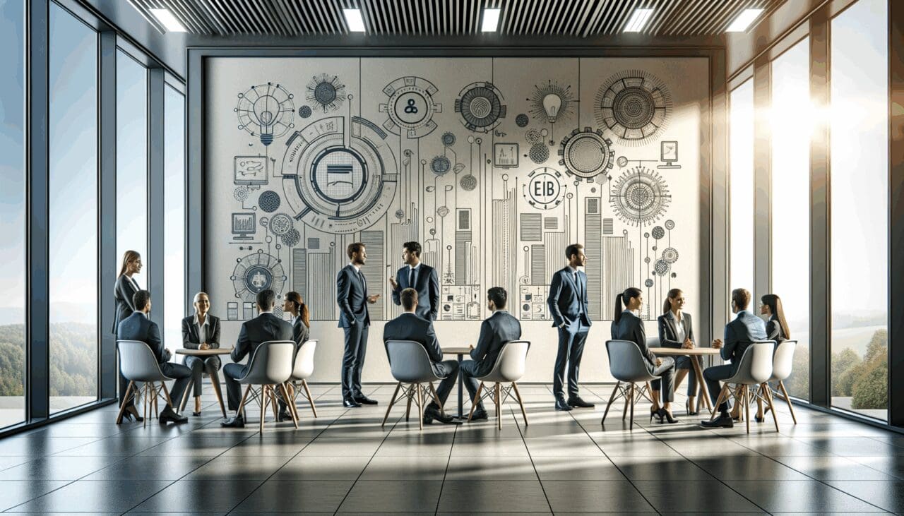 Asistentes conversando en un moderno centro de innovación con murales tecnológicos y luz natural.