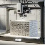 Primer plano de impresora 3D construyendo una estructura con biocemento en un ambiente de construcción moderno.