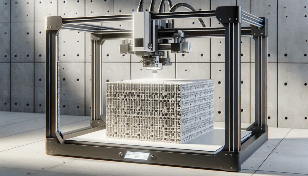 Primer plano de impresora 3D construyendo una estructura con biocemento en un ambiente de construcción moderno.