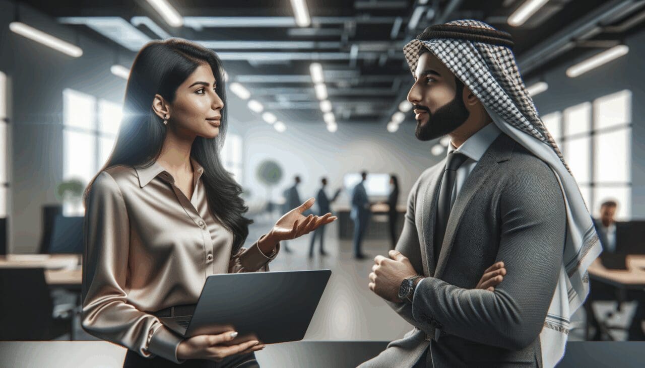 Empresarios conversando en una feria de tecnología