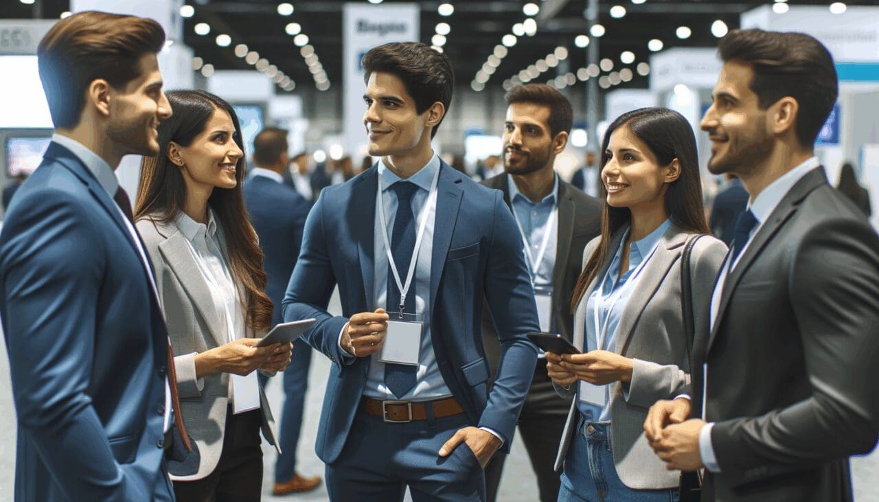 Grupo de emprendedores latinoamericanos en una exposición tecnológica internacional con ambiente de networking profesional.