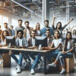 Grupo diverso de jóvenes entusiastas colaborando en un espacio moderno con computadoras y pantallas digitales, ambiente tecnológico y creativo.