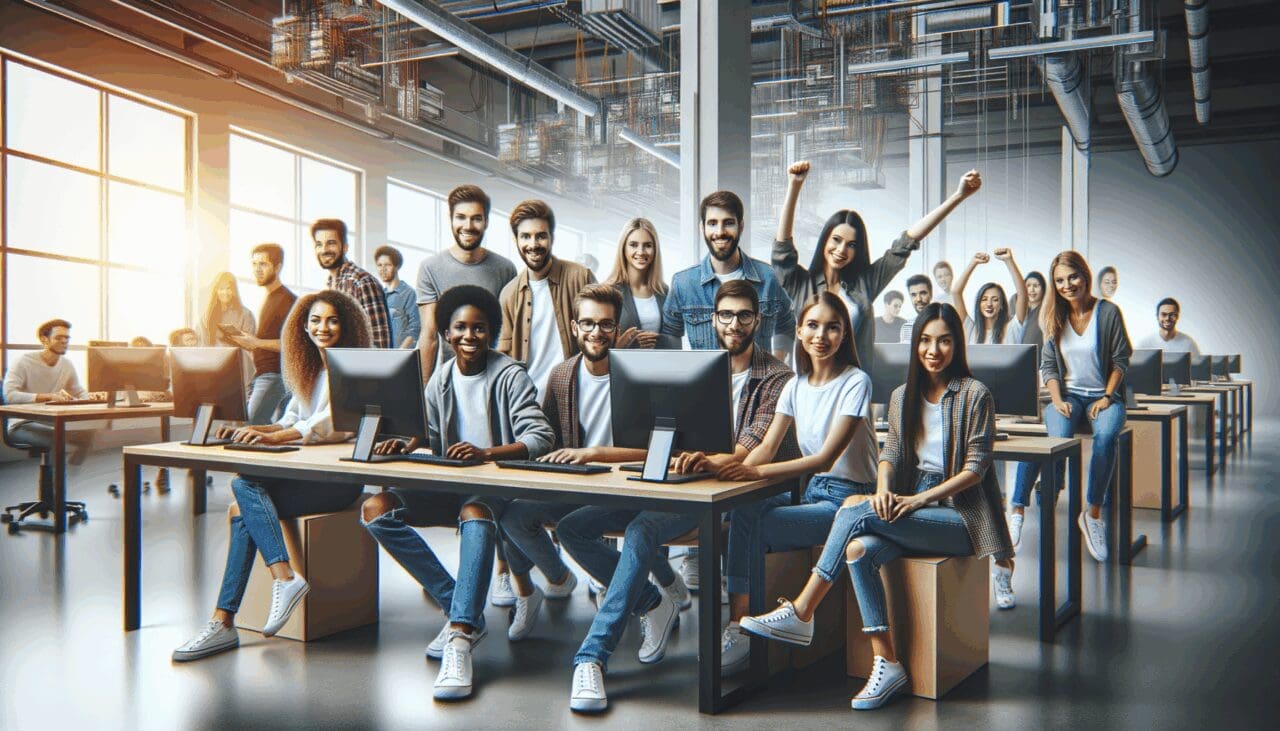 Grupo diverso de jóvenes entusiastas colaborando en un espacio moderno con computadoras y pantallas digitales, ambiente tecnológico y creativo.