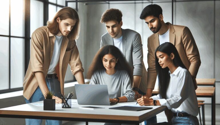 Equipo diverso de jóvenes emprendedores colaborando en un moderno espacio de coworking.