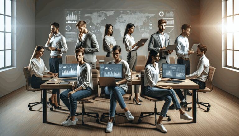 Grupo de jóvenes profesionales en un espacio coworking, rodeados de laptops y gráficos digitales en pantalla.