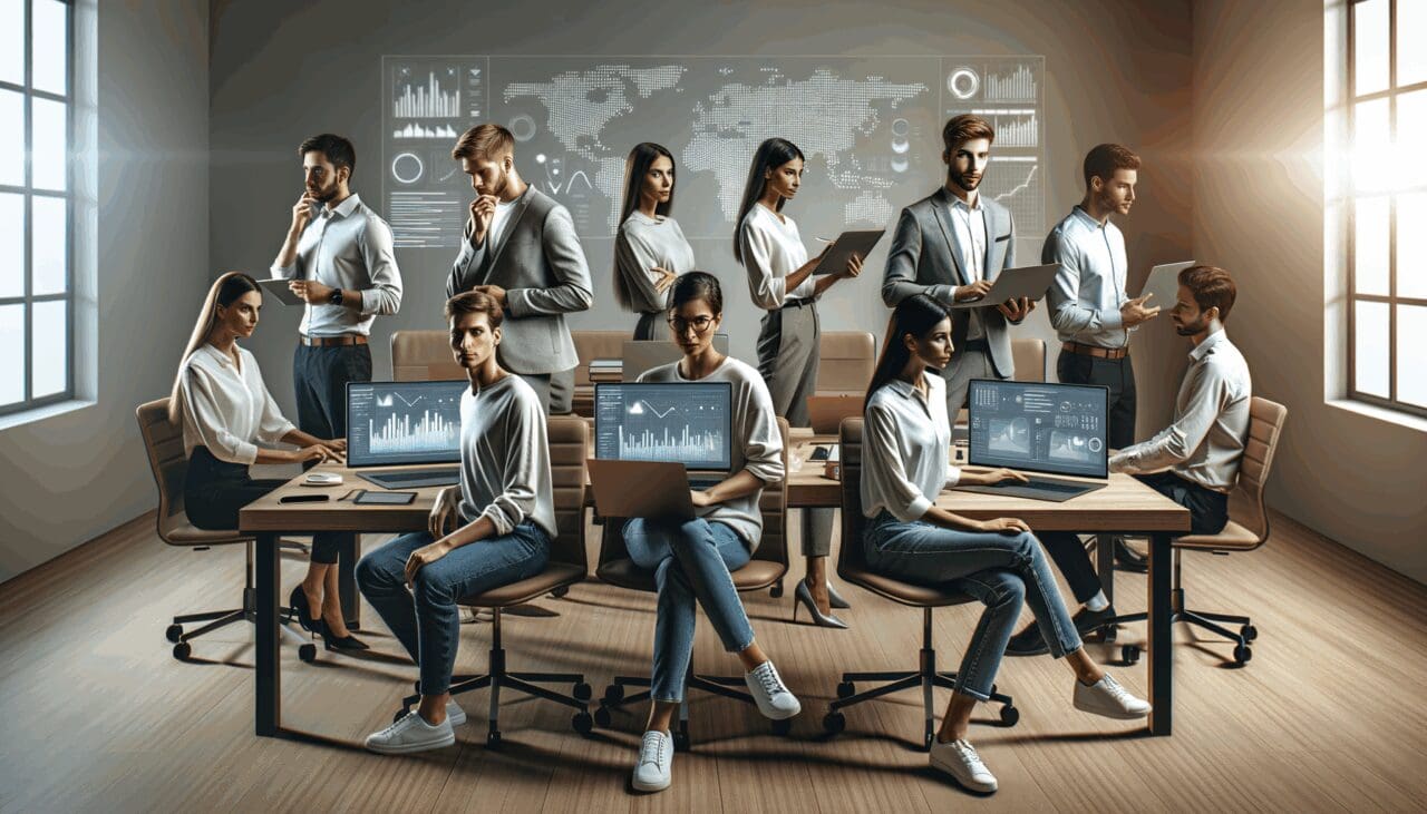 Grupo de jóvenes profesionales en un espacio coworking, rodeados de laptops y gráficos digitales en pantalla.