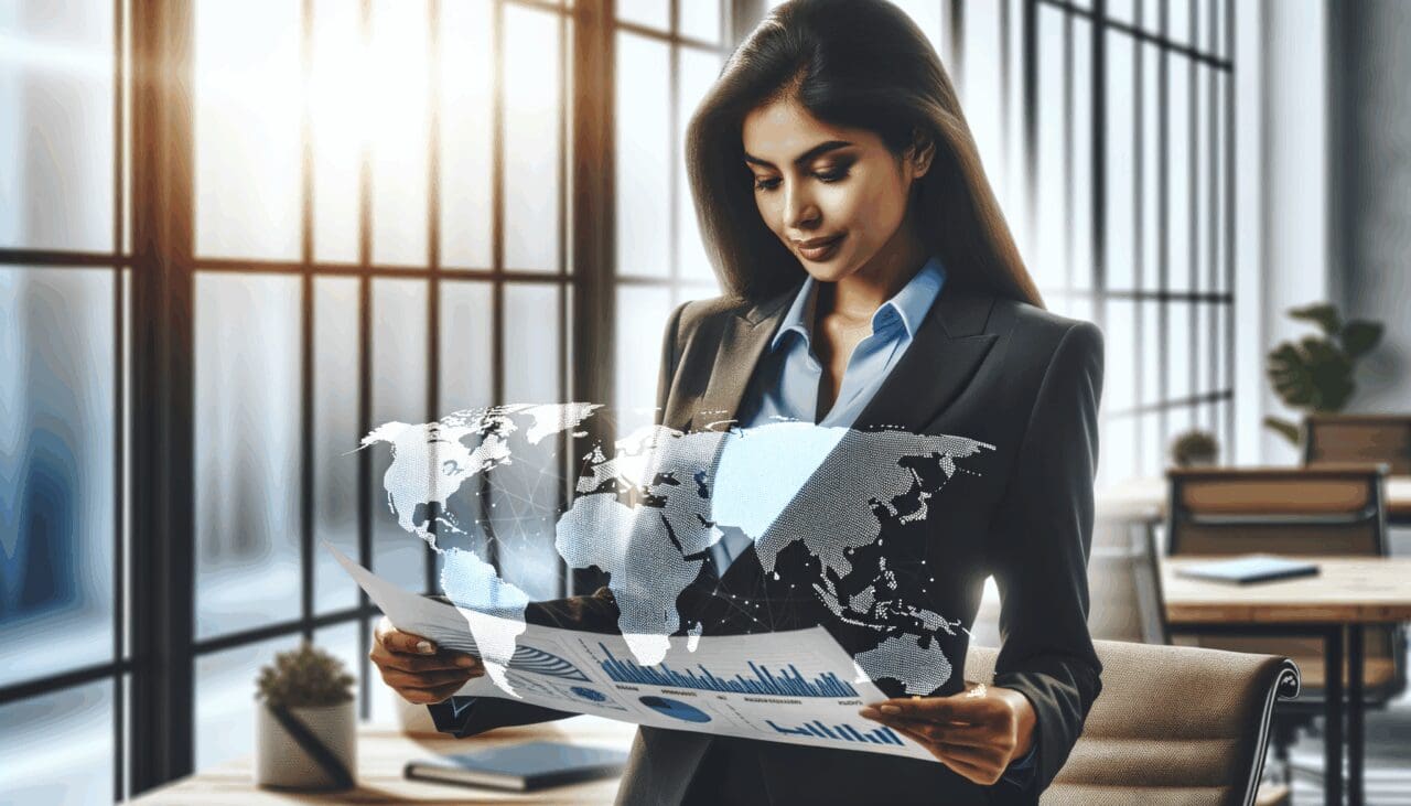 Un emprendedor revisando gráficos de expansión global en una oficina moderna y luminosa.