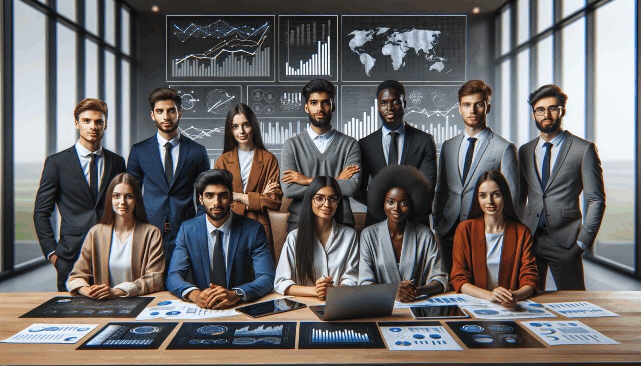 Grupo de jóvenes emprendedores analizando gráficos financieros digitales en una sala de juntas moderna, ambiente tecnológico y profesional.