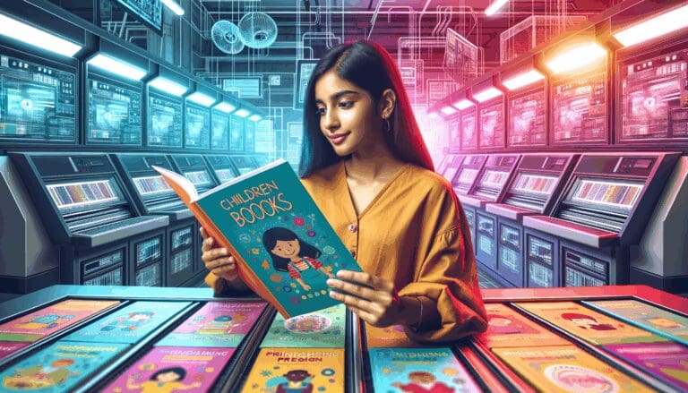 Persona joven revisando libros infantiles en una imprenta moderna con fondo tecnológico y vibrante.