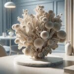 Primer plano de una elegante pieza decorativa hecha de micelio en un entorno moderno.