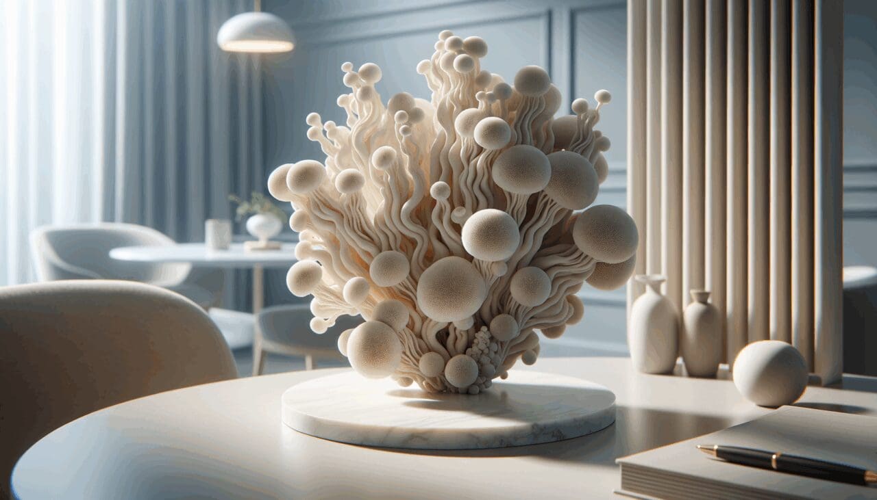 Primer plano de una elegante pieza decorativa hecha de micelio en un entorno moderno.