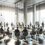 Reunión de emprendedores en un espacio moderno colaborativo.