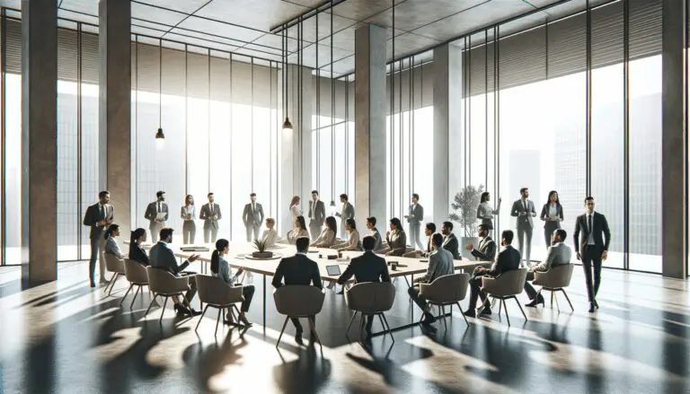 Reunión de emprendedores en un espacio moderno colaborativo.