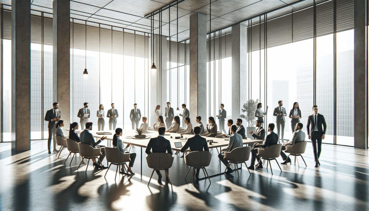 Reunión de emprendedores en un espacio moderno colaborativo.