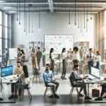 Oficinas modernas con jóvenes emprendedores colaborando frente a pantallas y pizarras digitales.