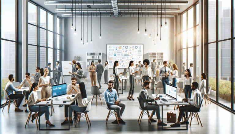 Oficinas modernas con jóvenes emprendedores colaborando frente a pantallas y pizarras digitales.