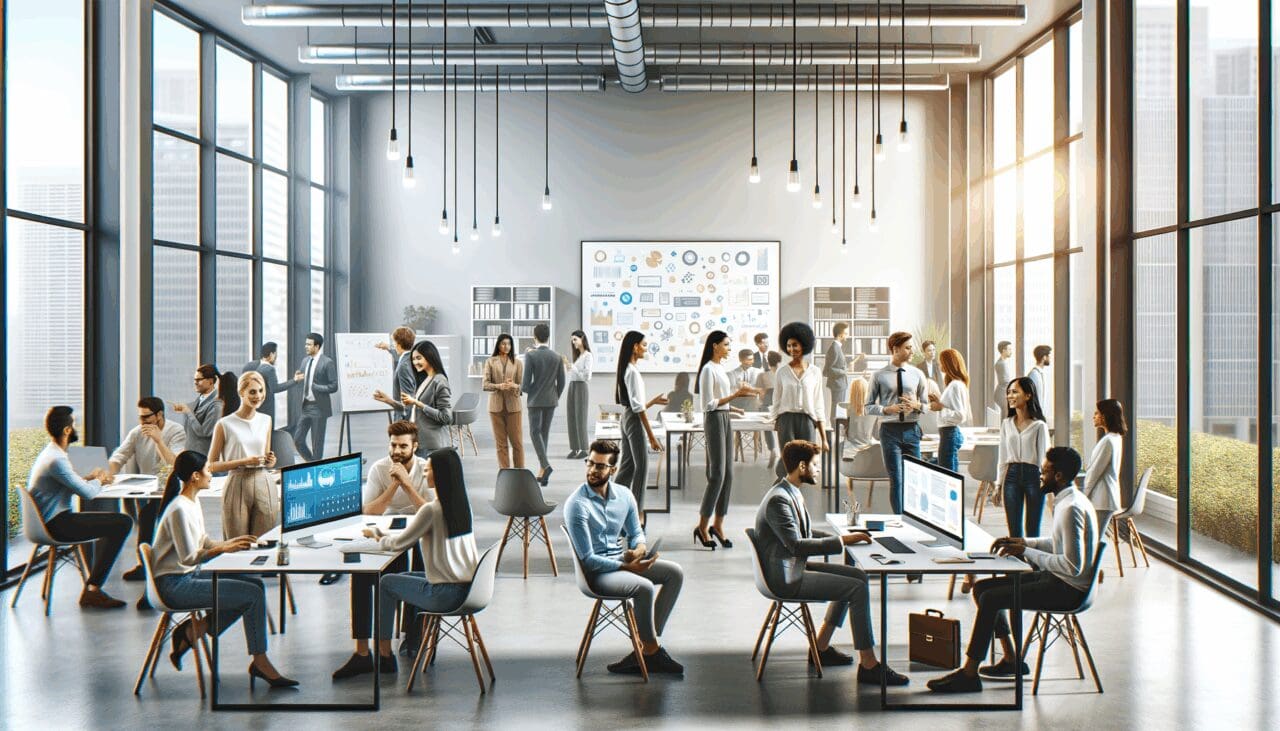 Oficinas modernas con jóvenes emprendedores colaborando frente a pantallas y pizarras digitales.