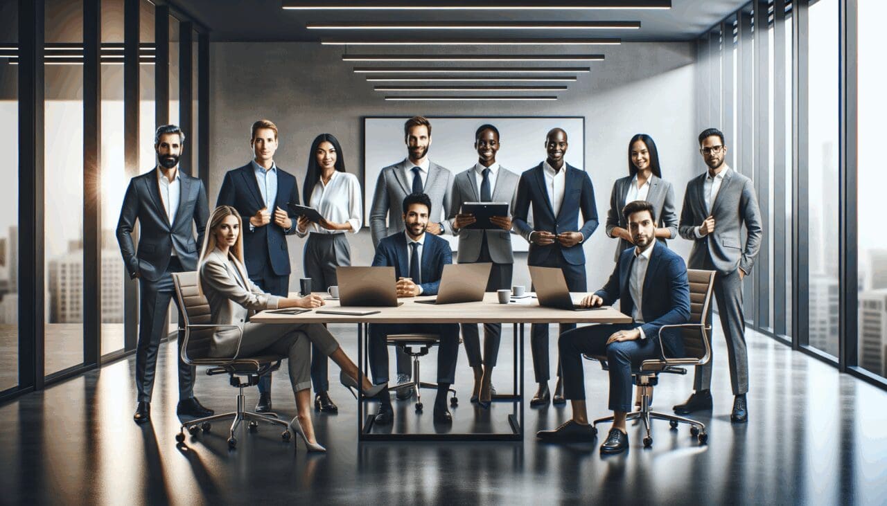 Equipo de emprendedores y ejecutivos colaborando en una sala de reuniones moderna, con laptops y pizarras digitales.