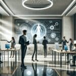 Oficinas de tecnología modernas con equipos colaborando en un entorno digital innovador.