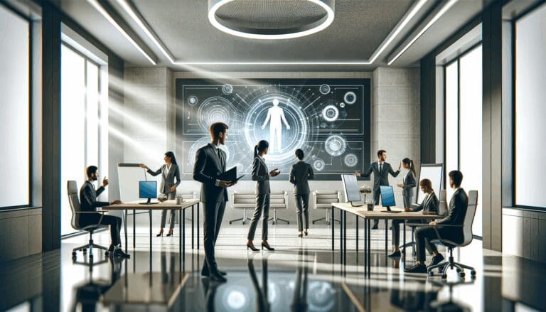 Oficinas de tecnología modernas con equipos colaborando en un entorno digital innovador.