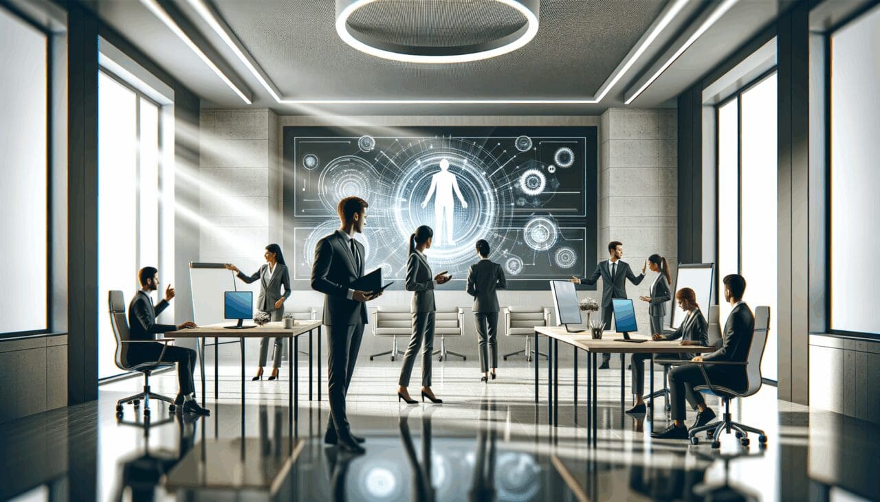 Oficinas de tecnología modernas con equipos colaborando en un entorno digital innovador.