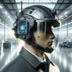 Primer plano de un casco de seguridad inteligente con sensores en un entorno industrial moderno.