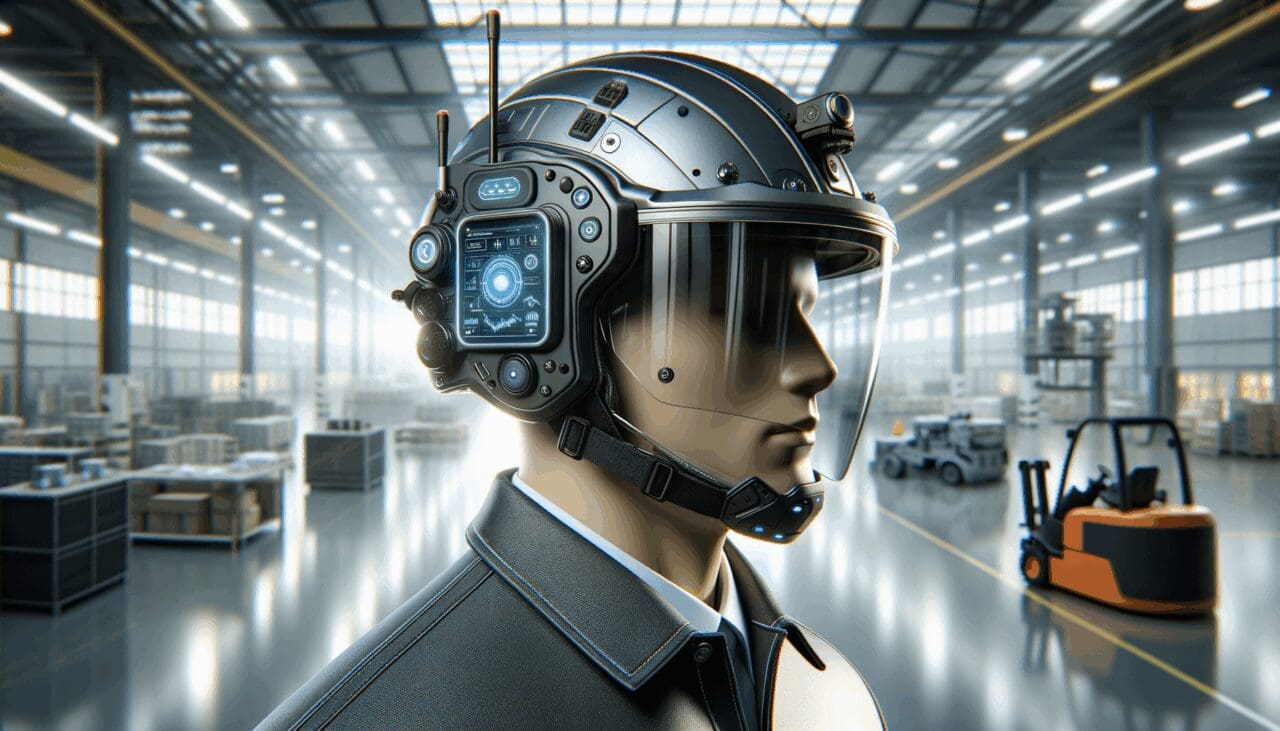 Primer plano de un casco de seguridad inteligente con sensores en un entorno industrial moderno.
