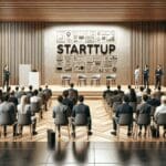 Sala moderna con emprendedores y jueces observando presentaciones de startups tecnológicas.