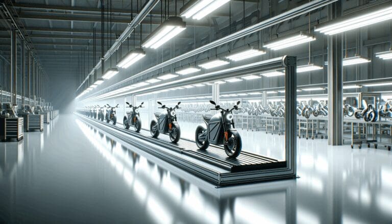 Fotografía editorial de motocicletas eléctricas en una línea de producción moderna, ambiente tecnológico y limpio.