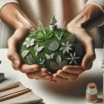 Primer plano de manos sosteniendo biomateriales ecológicos sobre una mesa de laboratorio, fondo neutro y limpio.