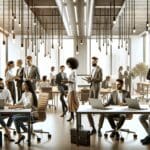 Personas colaborando en un espacio de coworking moderno lleno de dispositivos tecnológicos.