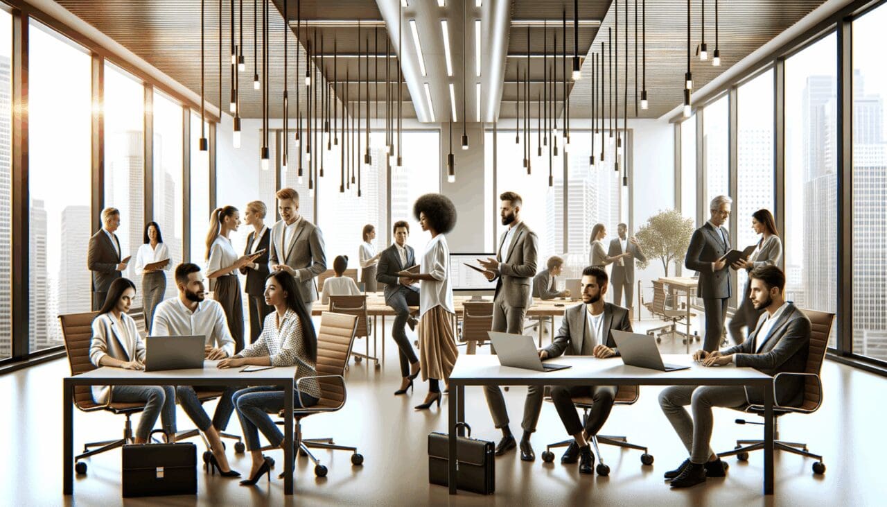 Personas colaborando en un espacio de coworking moderno lleno de dispositivos tecnológicos.