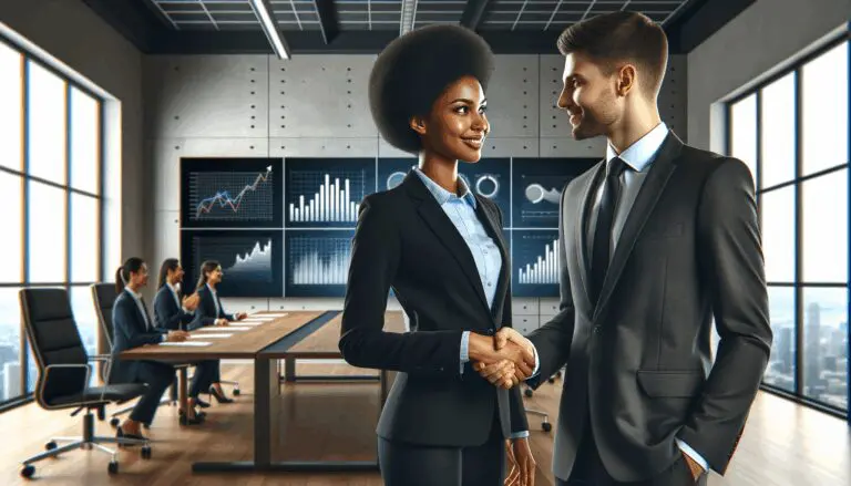 Fotografía de dos líderes empresariales dándose la mano en una sala de conferencias moderna, al fondo pantallas digitales con gráficos.