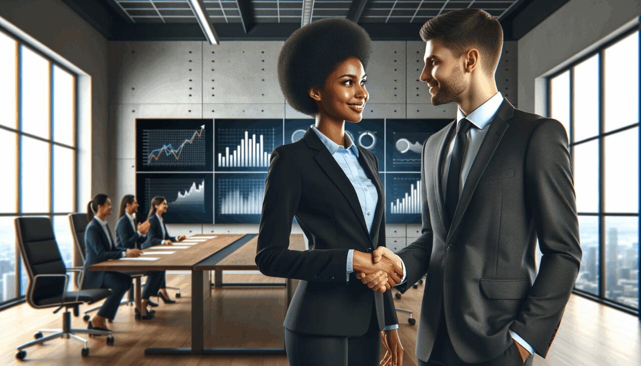 Fotografía de dos líderes empresariales dándose la mano en una sala de conferencias moderna, al fondo pantallas digitales con gráficos.