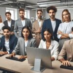 Equipo de jóvenes emprendedores trabajando con computadoras en un laboratorio moderno de alimentos.