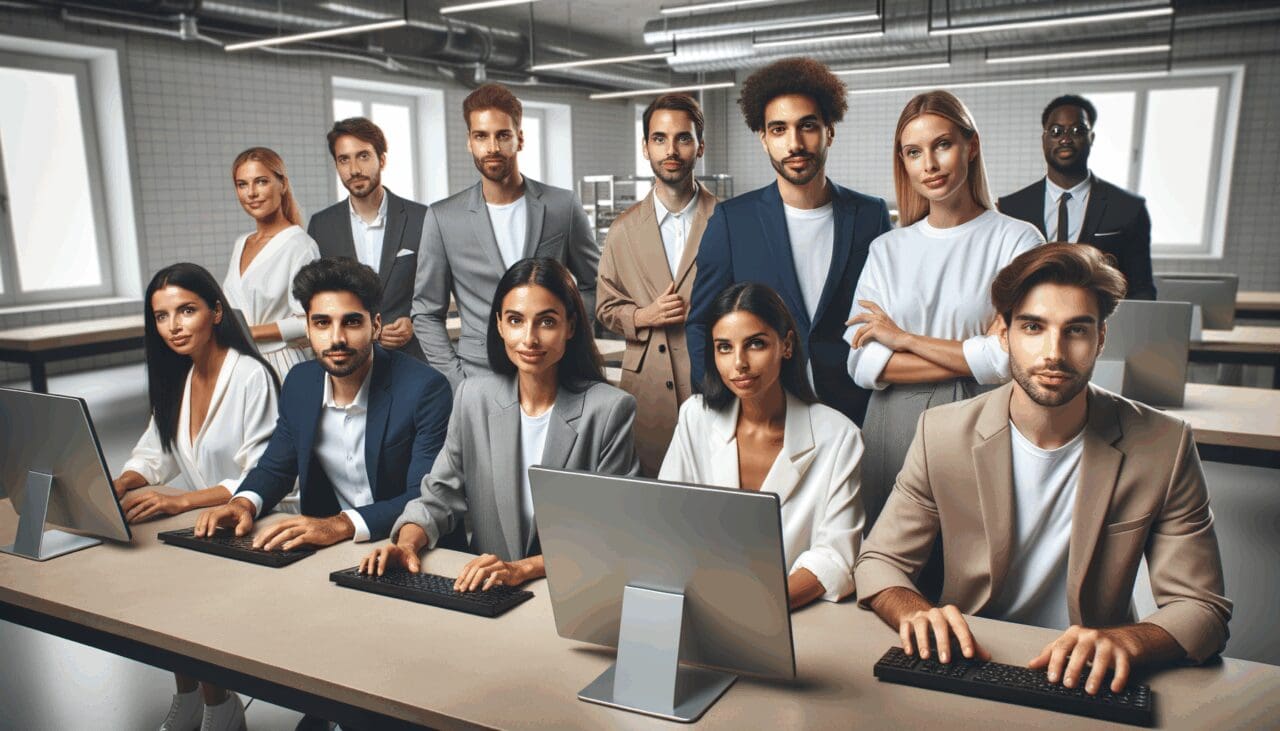 Equipo de jóvenes emprendedores trabajando con computadoras en un laboratorio moderno de alimentos.