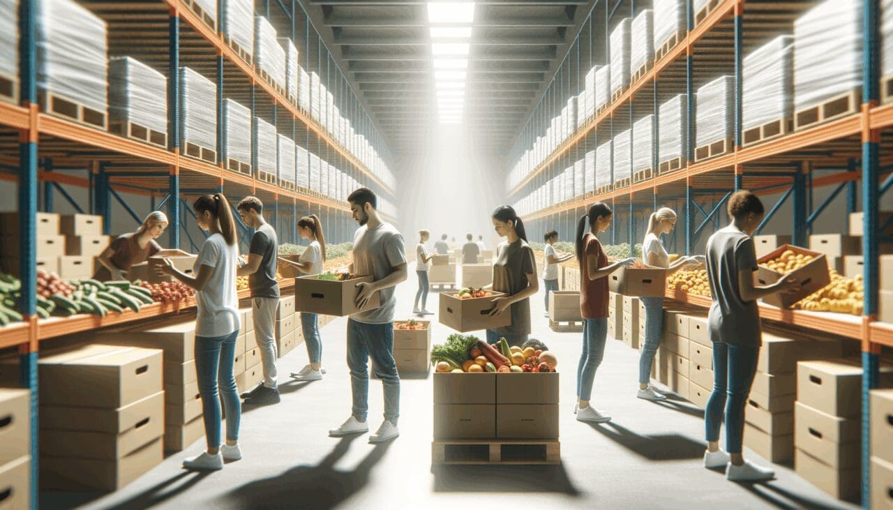 Almacén de alimentos con voluntarios clasificando frutas y verduras en cajas, fondo desenfocado, ambiente luminoso y colaborativo.
