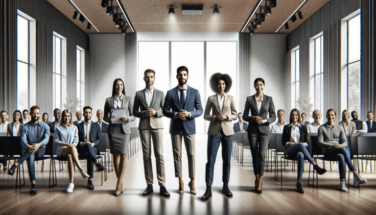 Emprendedores presentando sus ideas innovadoras en un auditorio iluminado y moderno.