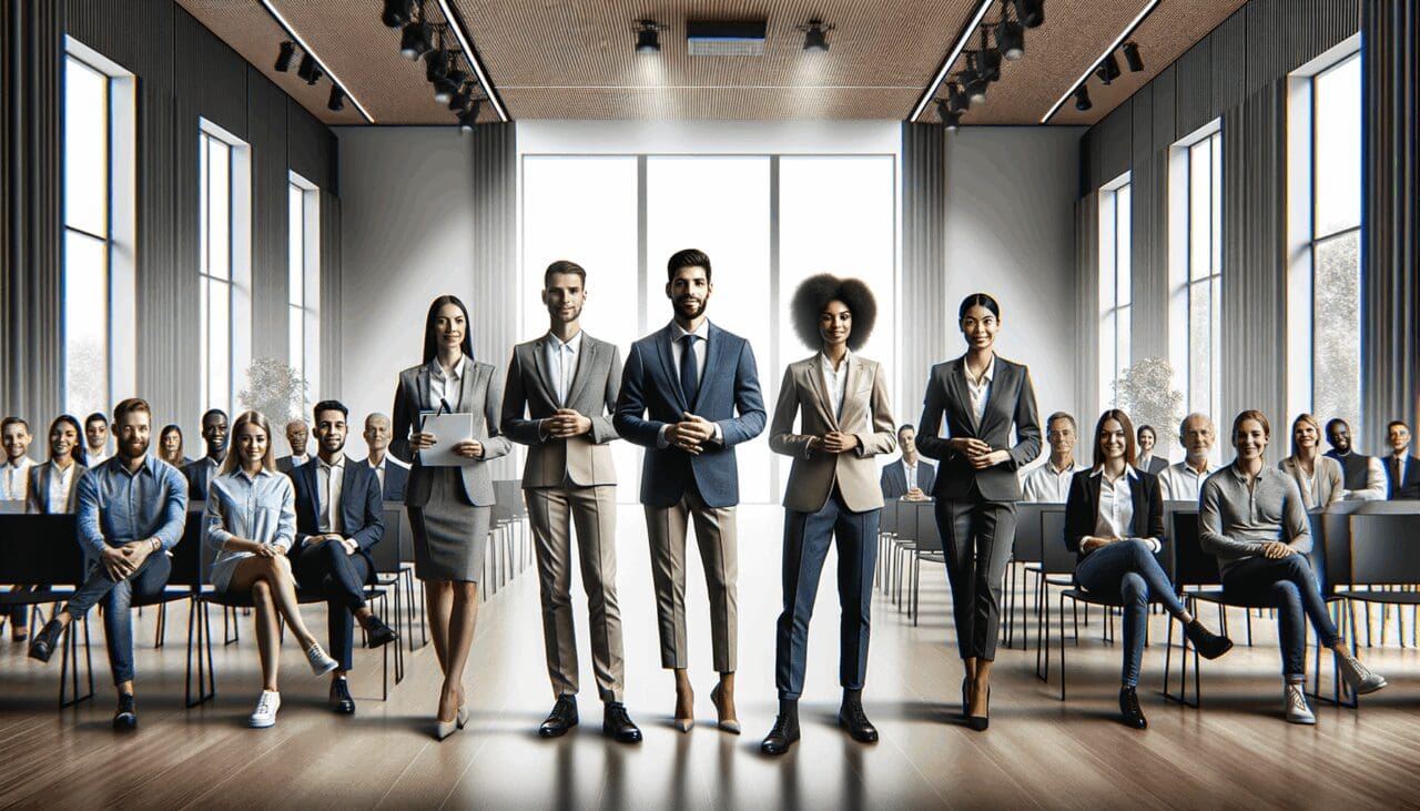 Emprendedores presentando sus ideas innovadoras en un auditorio iluminado y moderno.