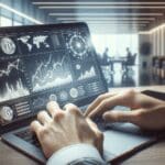 Primer plano de manos programando en una laptop con gráficos de criptomonedas y fondo desenfocado de oficinas modernas.