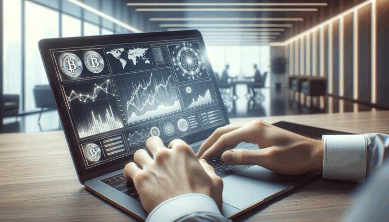 Primer plano de manos programando en una laptop con gráficos de criptomonedas y fondo desenfocado de oficinas modernas.