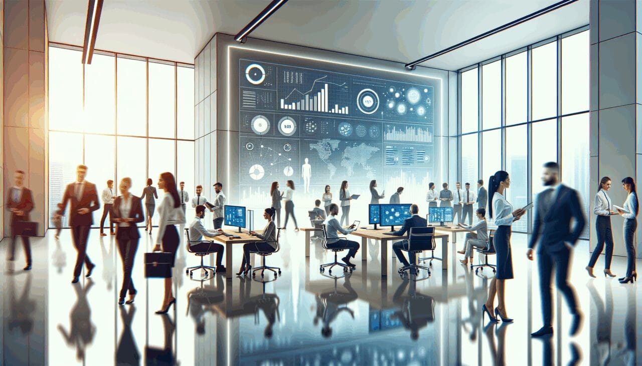 Oficinas luminosas con equipos diversos colaborando alrededor de dispositivos inteligentes y gráficos de datos en pantallas.