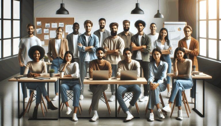Grupos pequeños de emprendedores reunidos en un espacio de coworking moderno, laptops abiertas y pizarras al fondo.