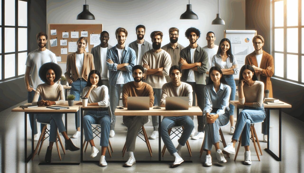 Grupos pequeños de emprendedores reunidos en un espacio de coworking moderno, laptops abiertas y pizarras al fondo.