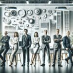 Emprendedores y funcionarios reunidos en una sala de innovación con tecnologías limpias de fondo.